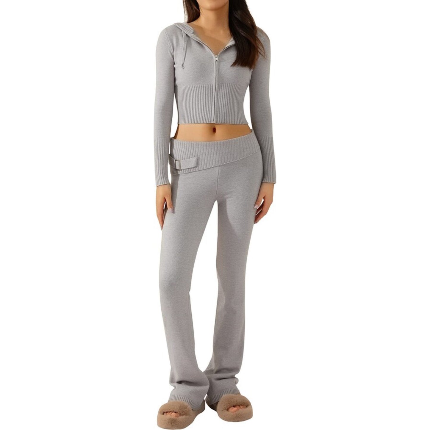 Grey Spring Knitted Women's Two Piece Sets